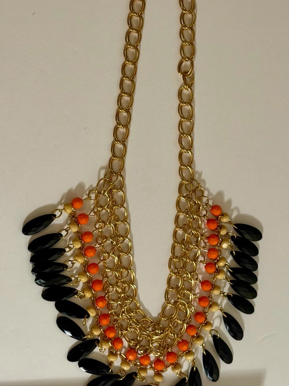 Gold Tone Black Teardrop Orange Beaded Layered Bib Statement Chunky Necklace VG